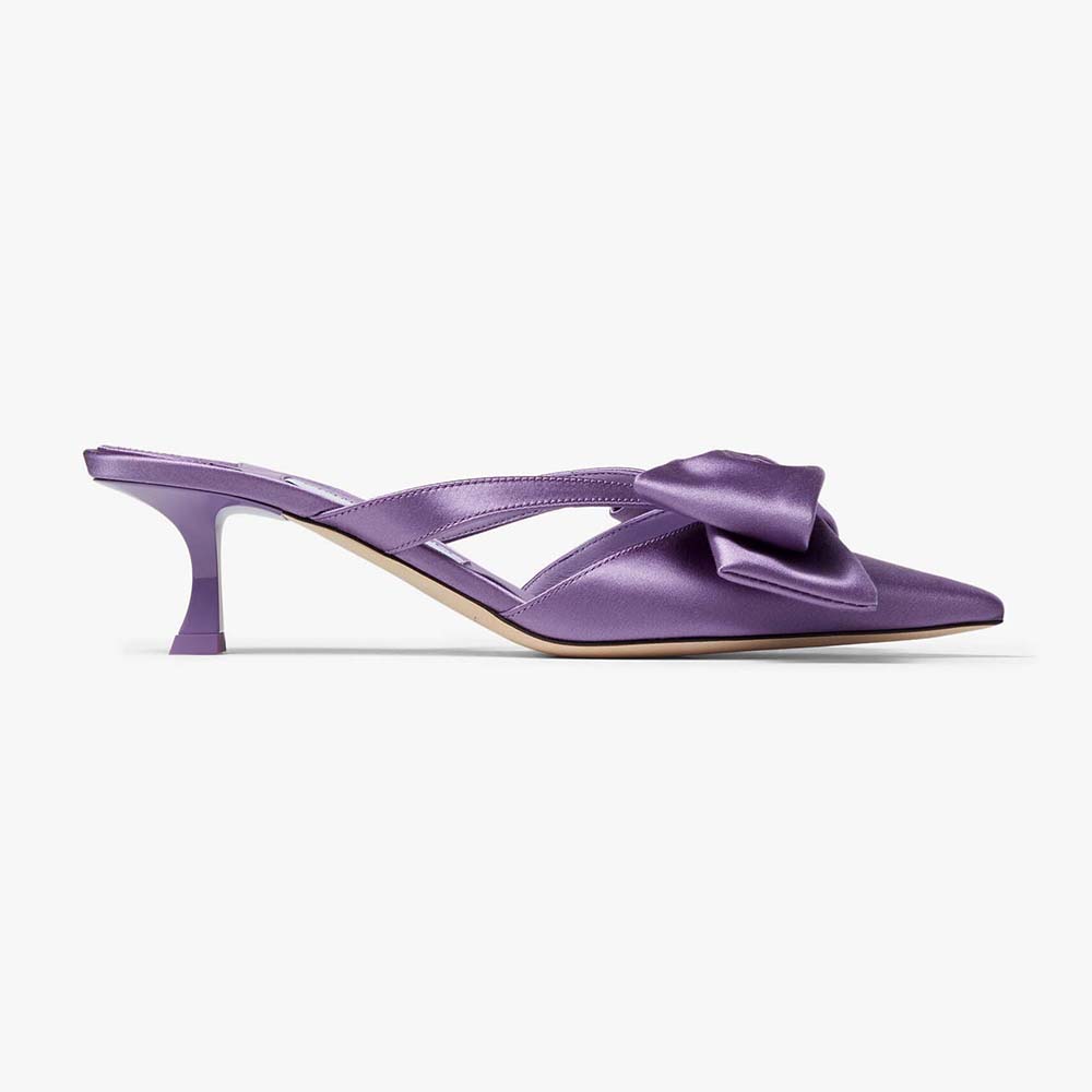 Side view of Jimmy Choo Women Flaca Mule 50 Wisteria Satin Mules with Bow