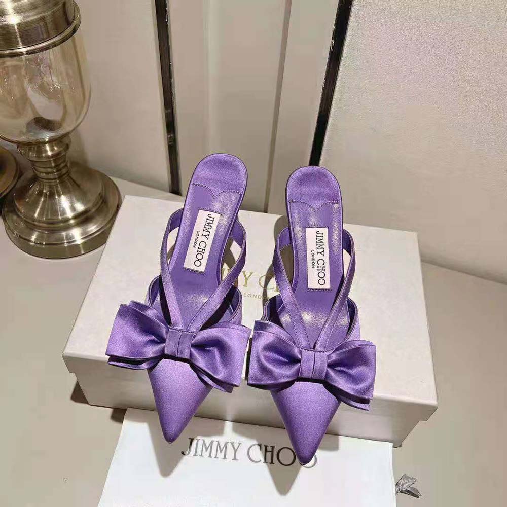 Close-up of bow detail on Jimmy Choo Flaca Mule 50 Wisteria Satin Mules