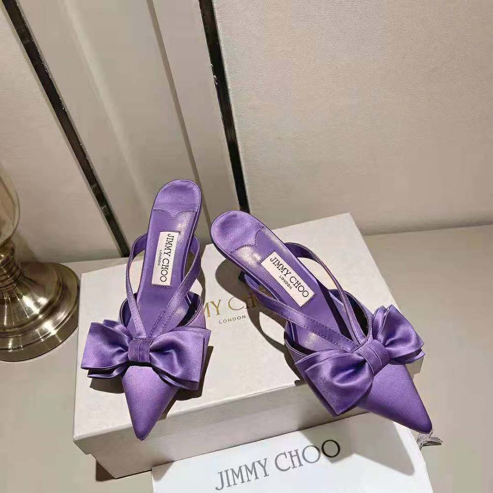 Rear angle showing heel height of Jimmy Choo Women Flaca Mule 50 Satin Mules