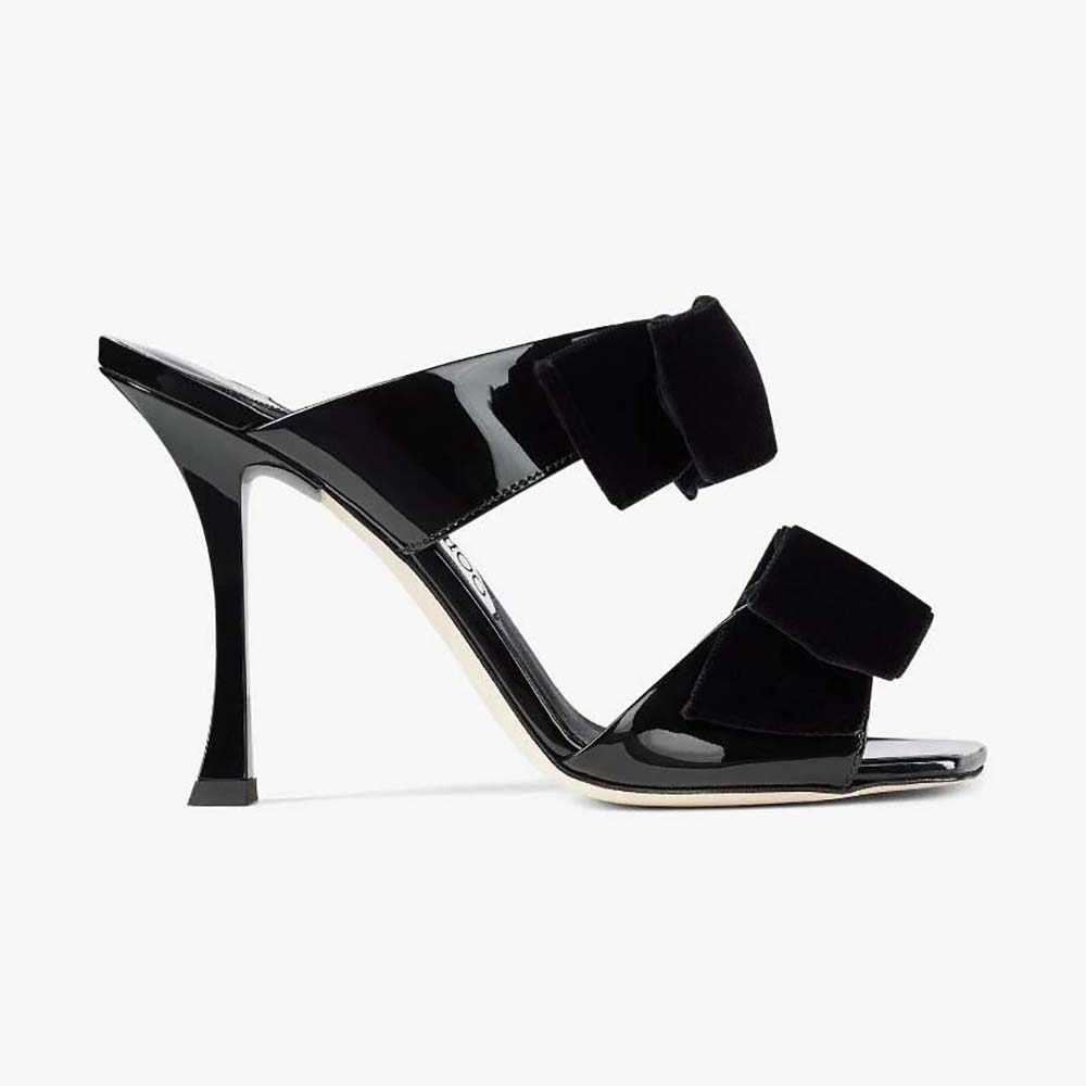 Side view of Jimmy Choo Women Flaca Sandal 100 Black Patent Sandal with Velvet Bow