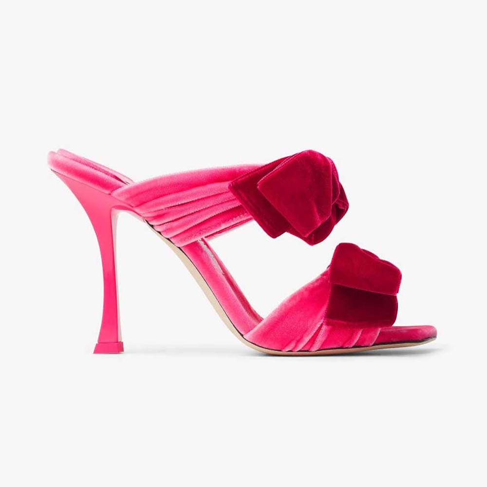 Side profile of Jimmy Choo Women Flaca Sandal 100 Candy Pink Velvet Sandal with Bow