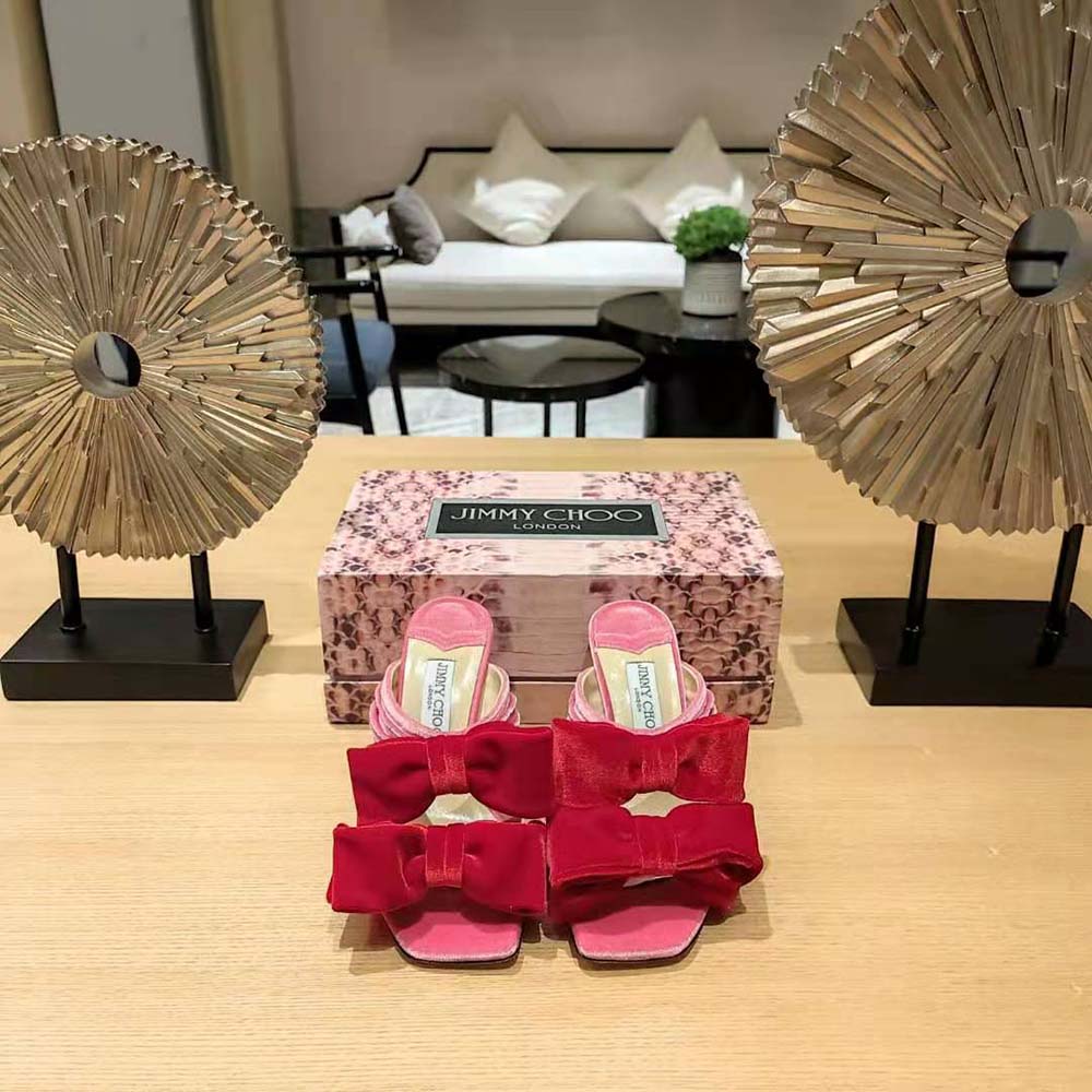 Close-up of bow detail on Jimmy Choo Women Flaca Sandal 100 Candy Pink Velvet Sandal