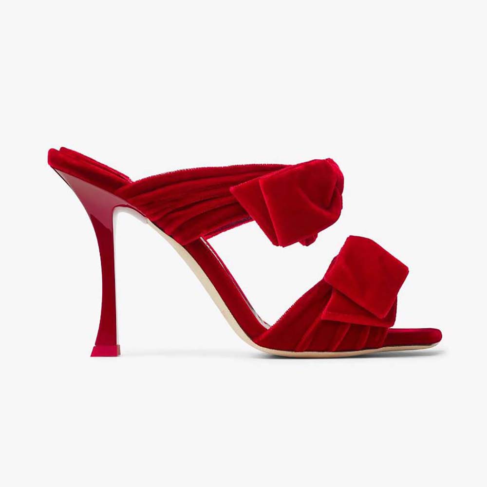 Side view of Jimmy Choo Women Flaca Sandal 100 Red Velvet Sandal with Bow