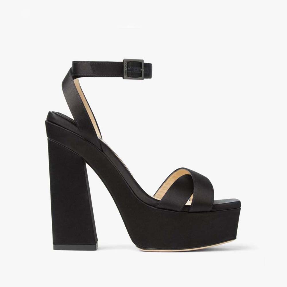 Side angle of Jimmy Choo Women Gaia 140 Black Satin Platform Sandals showing heel height