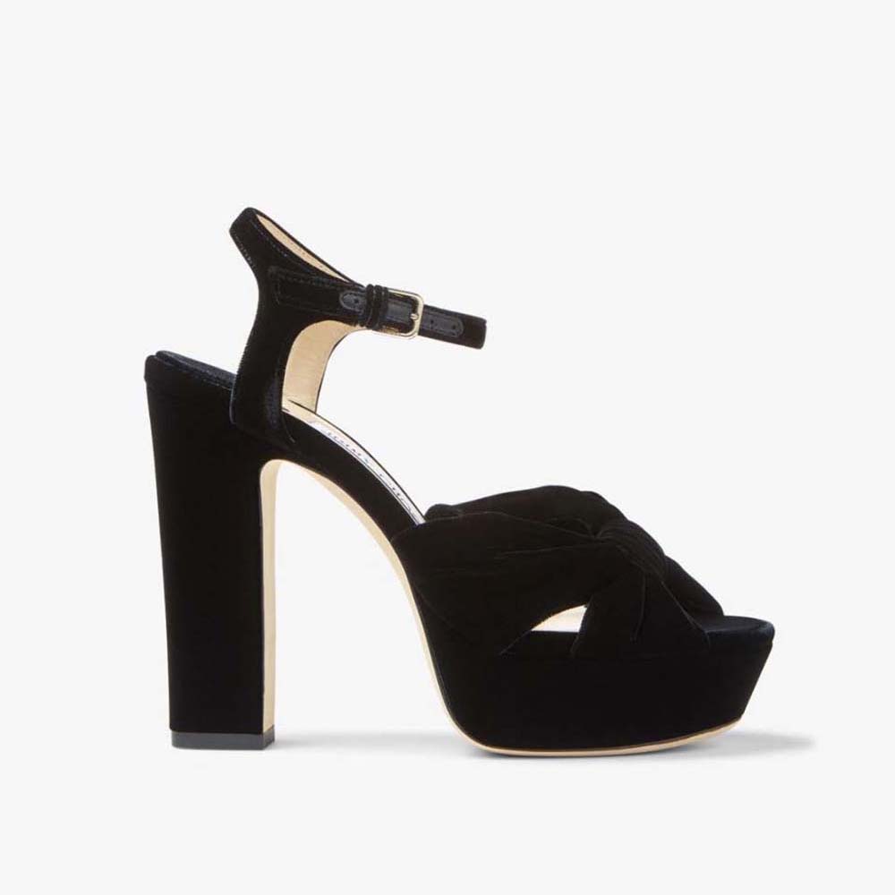 Side view of Jimmy Choo Women Heloise 120 Black Velvet Platform Sandals