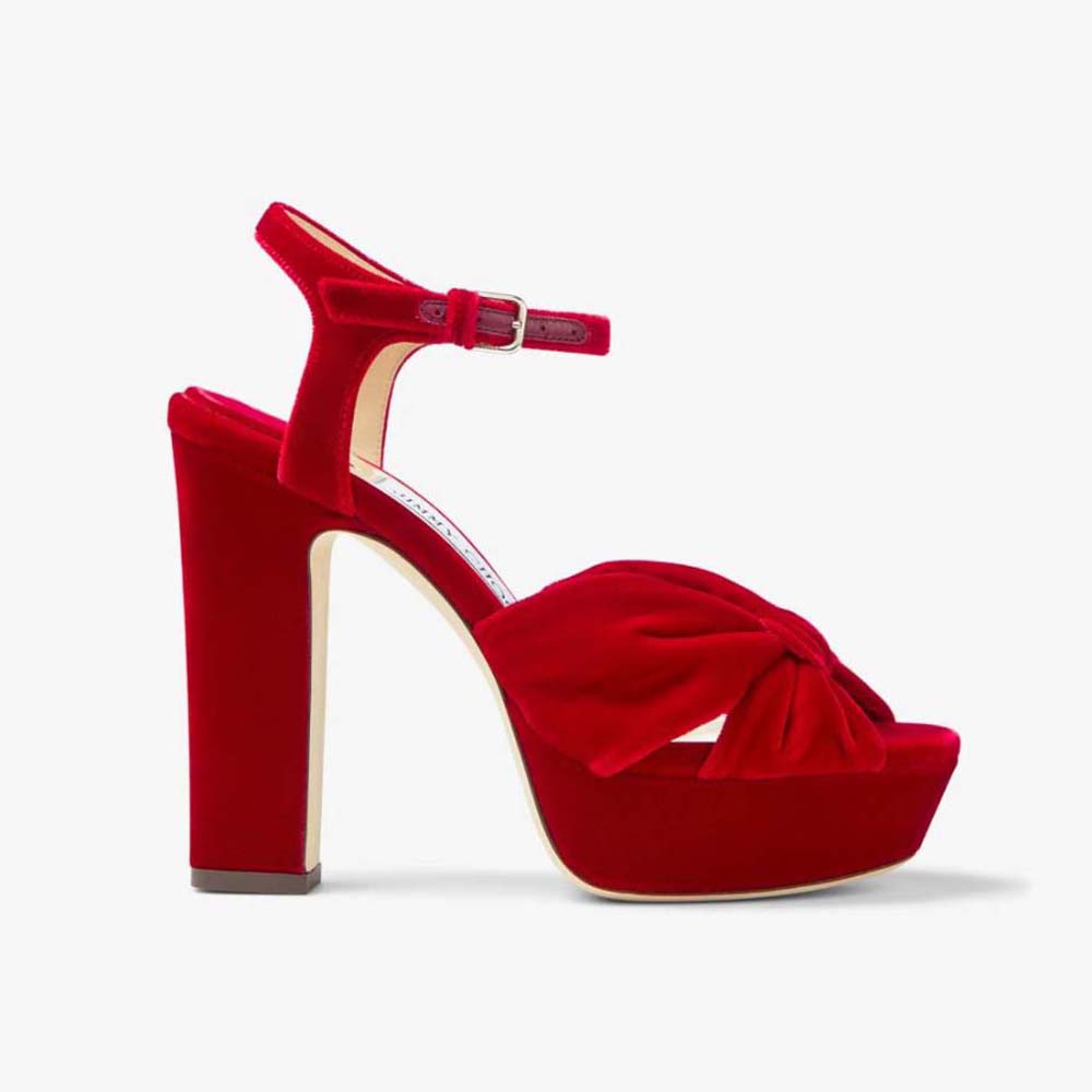 Side view of Jimmy Choo Women Heloise 120 Red Velvet Platform Sandals