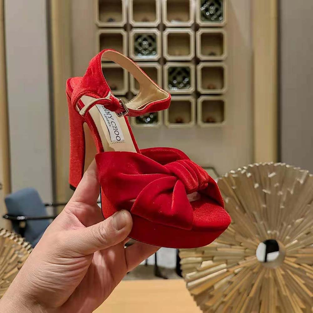 Jimmy Choo Women Heloise 120 Red Velvet Platform Sandals - image 8