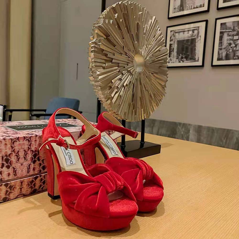 Rear angle showing platform heel height on Jimmy Choo Heloise sandals