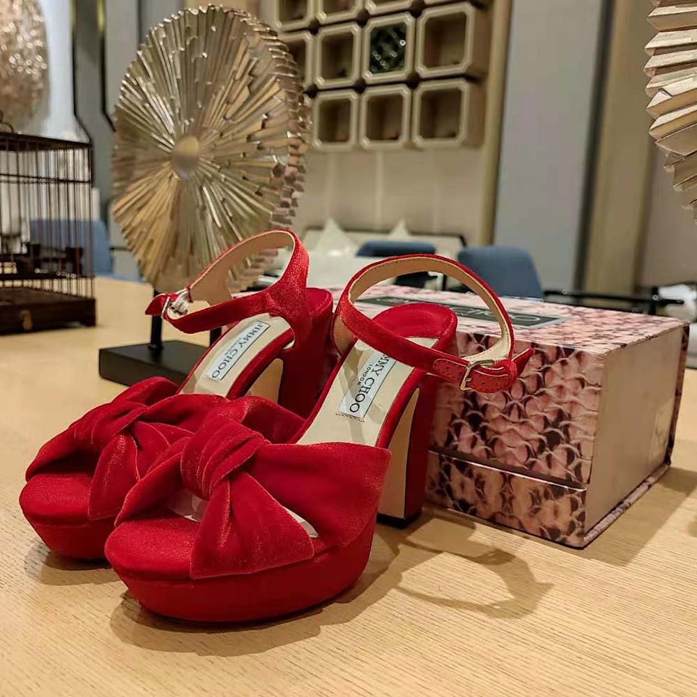Jimmy Choo Women Heloise 120 Red Velvet Platform Sandals - image 4