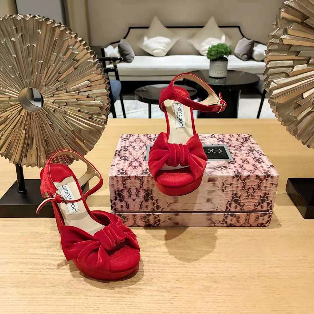 Jimmy Choo Women Heloise 120 Red Velvet Platform Sandals - image 5
