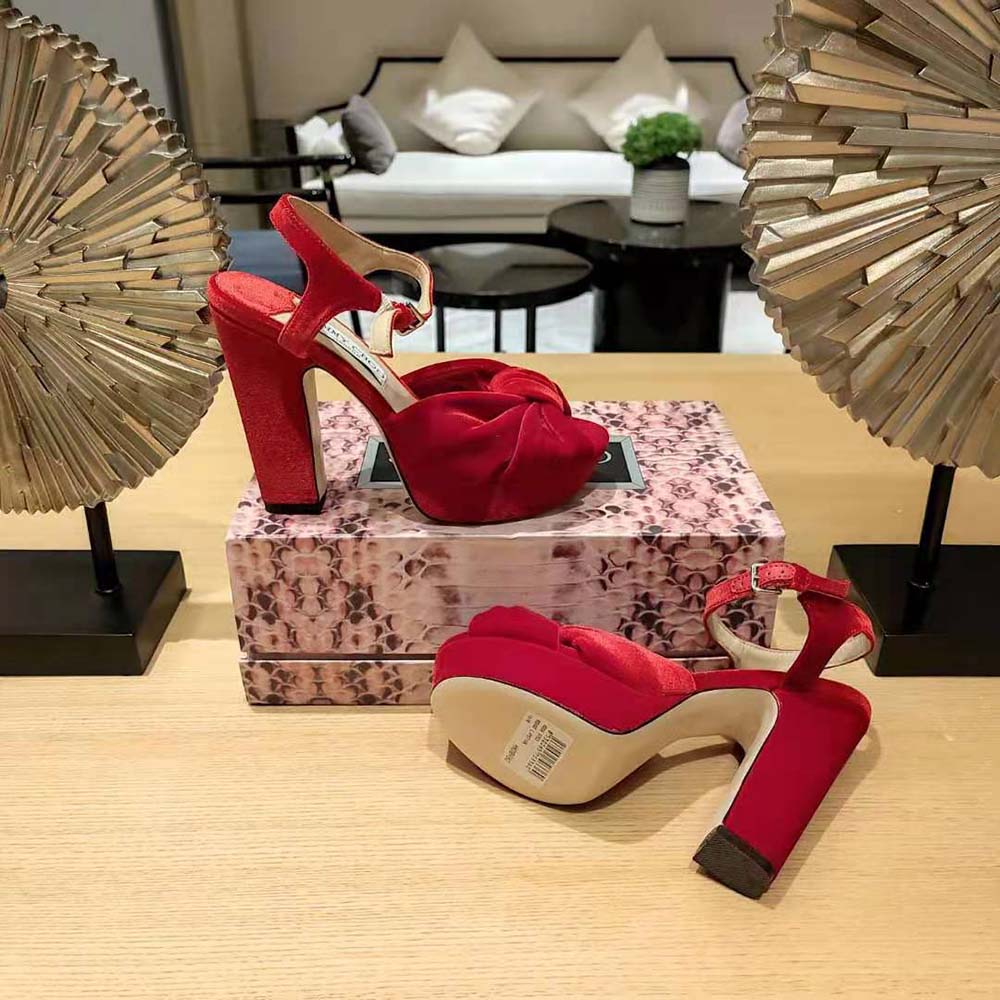 Jimmy Choo Women Heloise 120 Red Velvet Platform Sandals - image 7