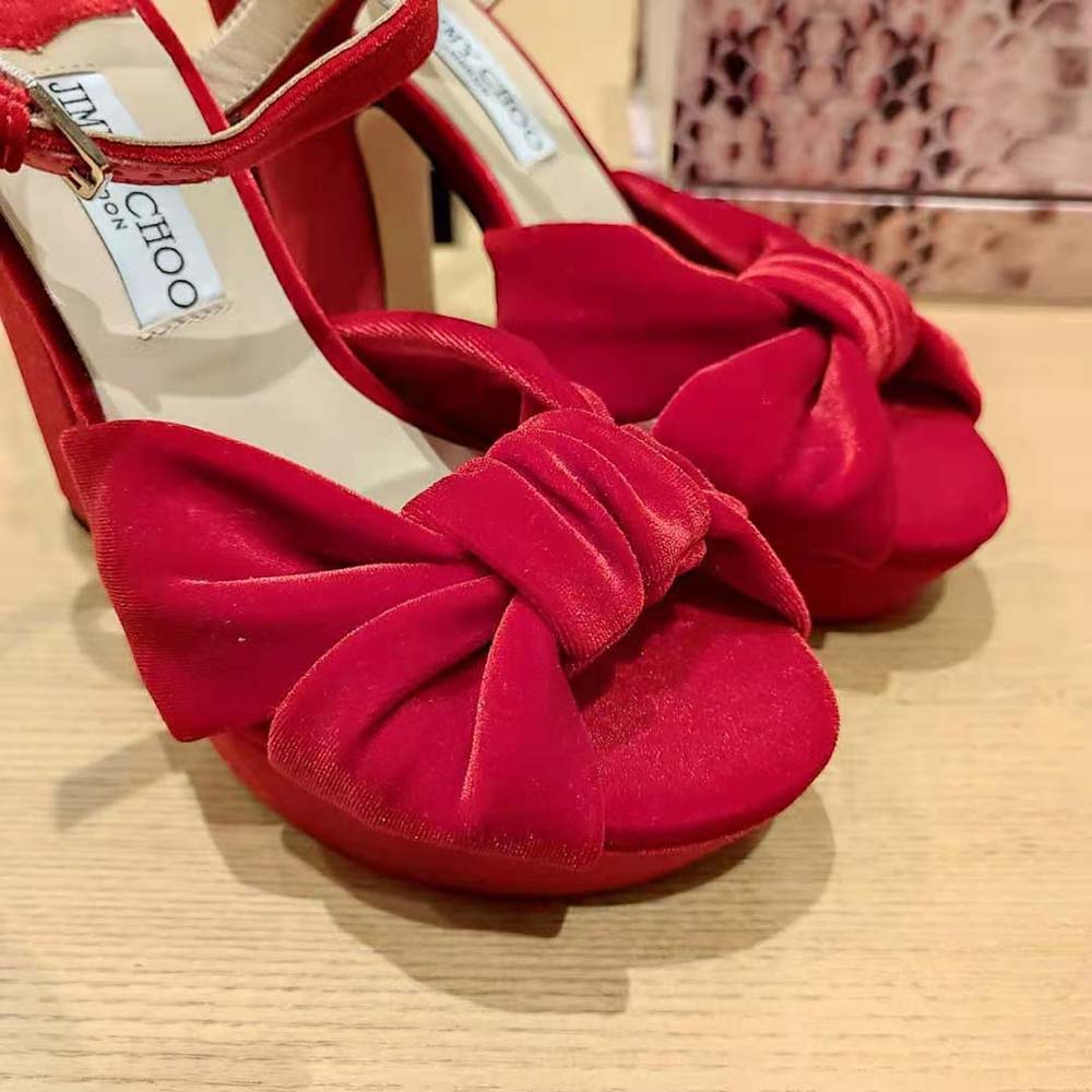 Jimmy Choo Women Heloise 120 Red Velvet Platform Sandals - image 9