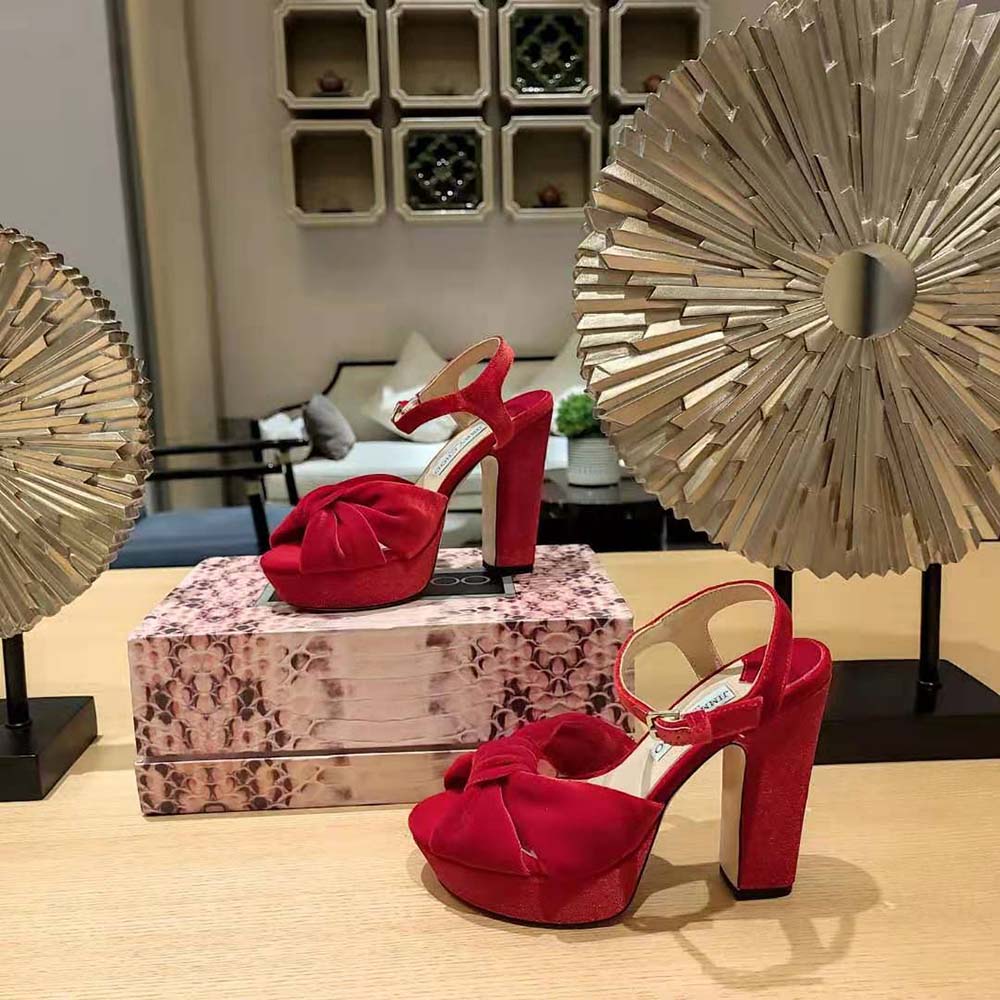 Jimmy Choo Women Heloise 120 Red Velvet Platform Sandals - image 6