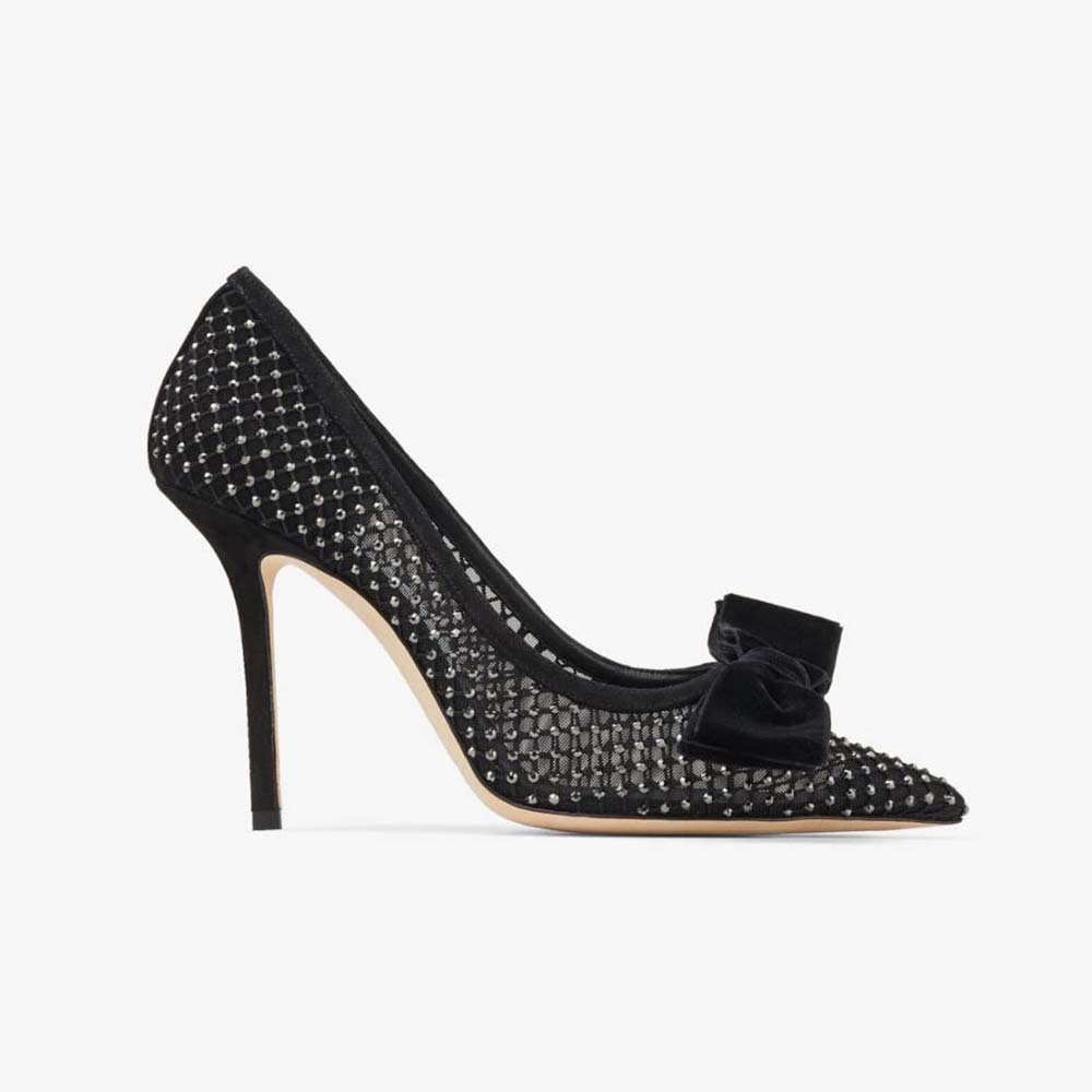 Side view of Jimmy Choo Women Love 100 Black Crystal Mesh Pumps with Bow