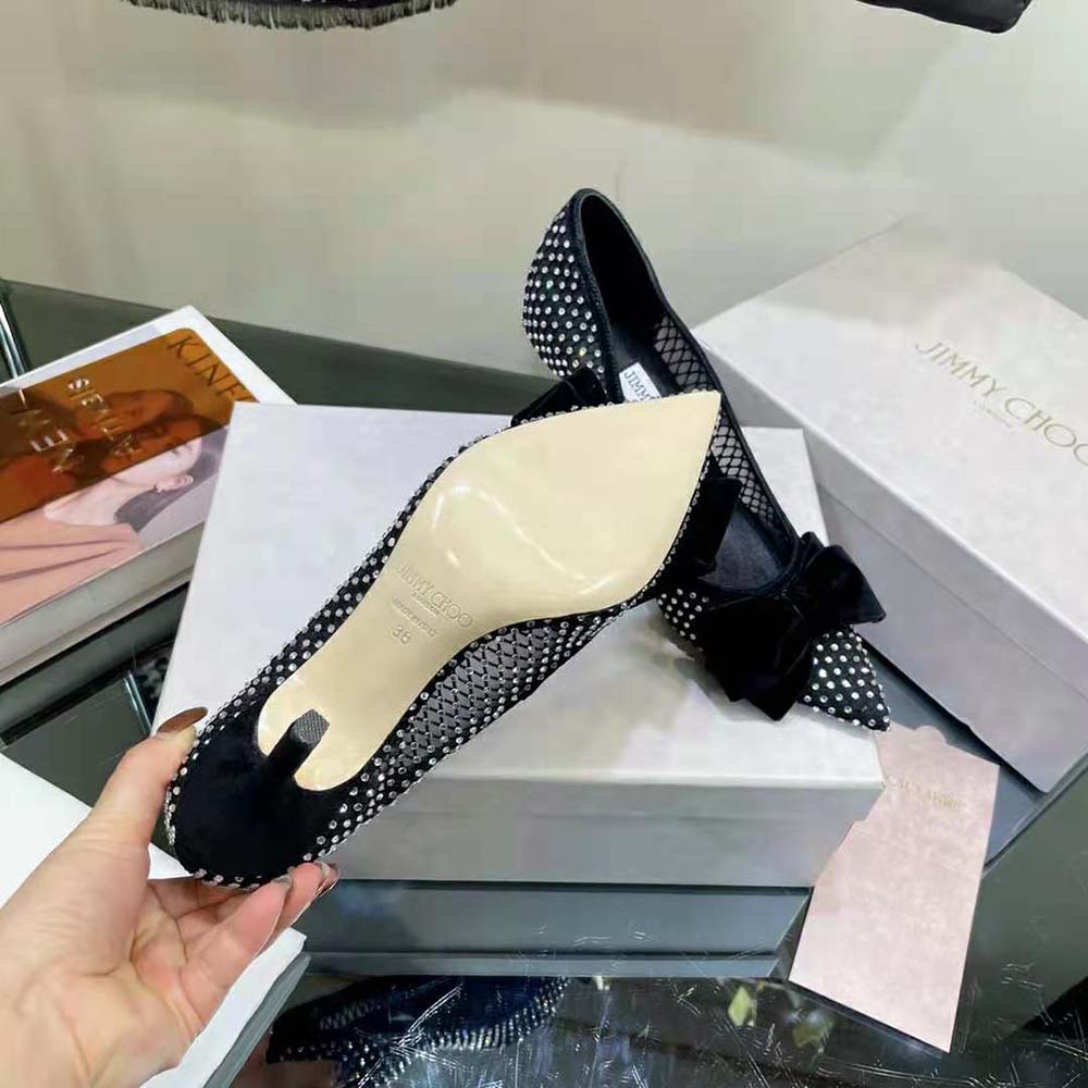 Jimmy Choo Women Love 100 Black Crystal Mesh Pumps with Bow - image 10