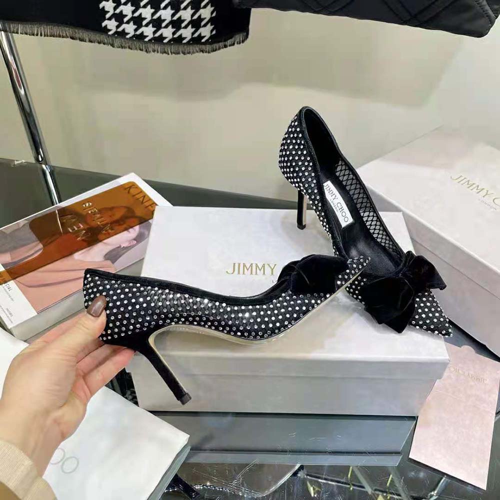 Jimmy Choo Women Love 100 Black Crystal Mesh Pumps with Bow - image 7