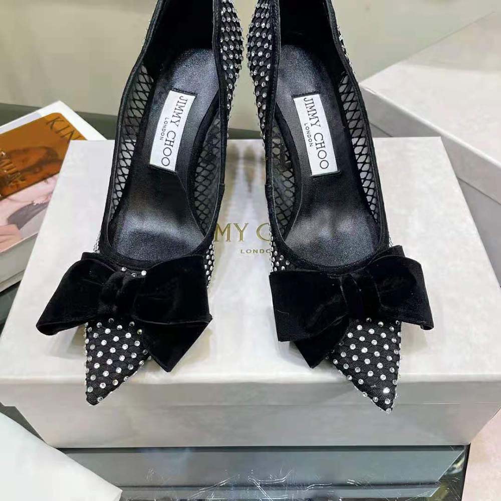 Jimmy Choo Women Love 100 Black Crystal Mesh Pumps with Bow - image 9