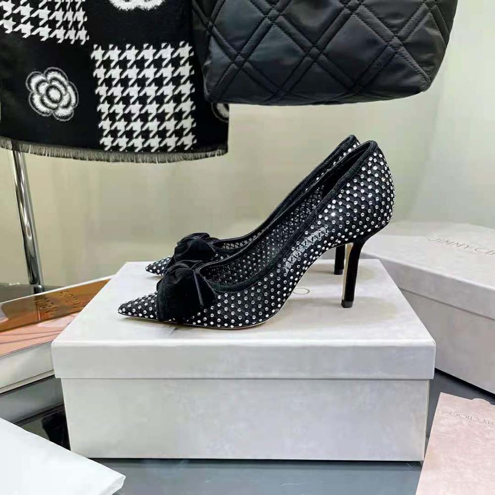 Jimmy Choo Women Love 100 Black Crystal Mesh Pumps with Bow - image 8