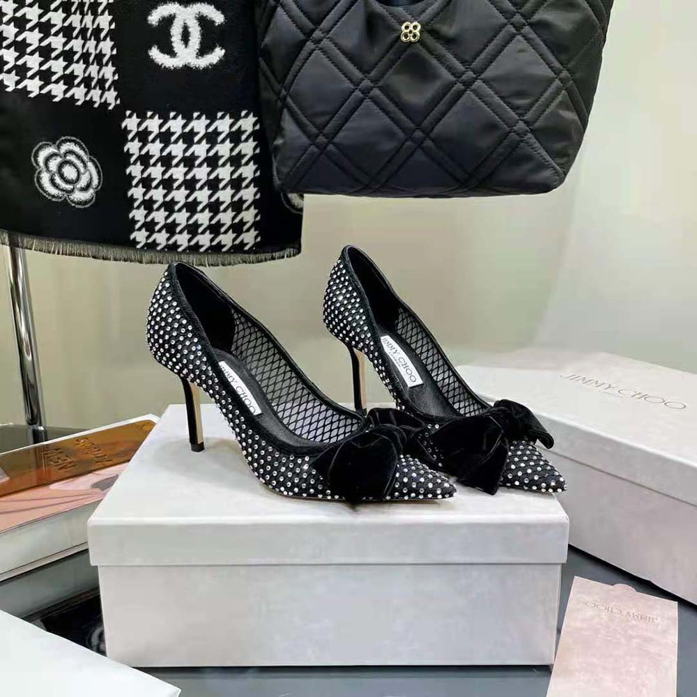 Jimmy Choo Women Love 100 Black Crystal Mesh Pumps with Bow - image 5