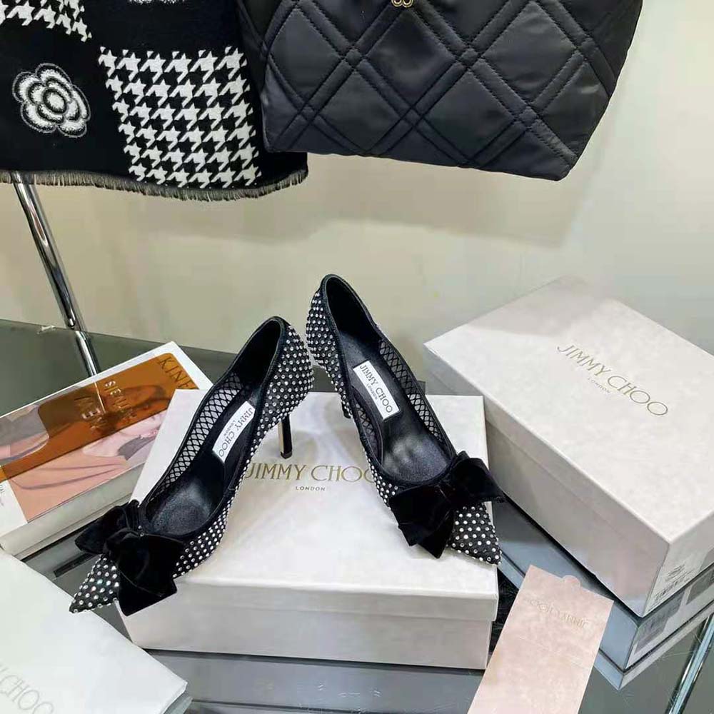 Jimmy Choo Women Love 100 Black Crystal Mesh Pumps with Bow - image 4