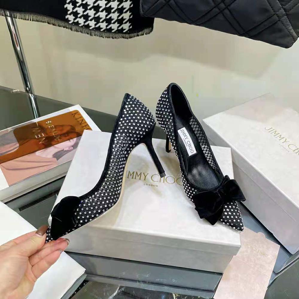 Jimmy Choo Women Love 100 Black Crystal Mesh Pumps with Bow - image 6