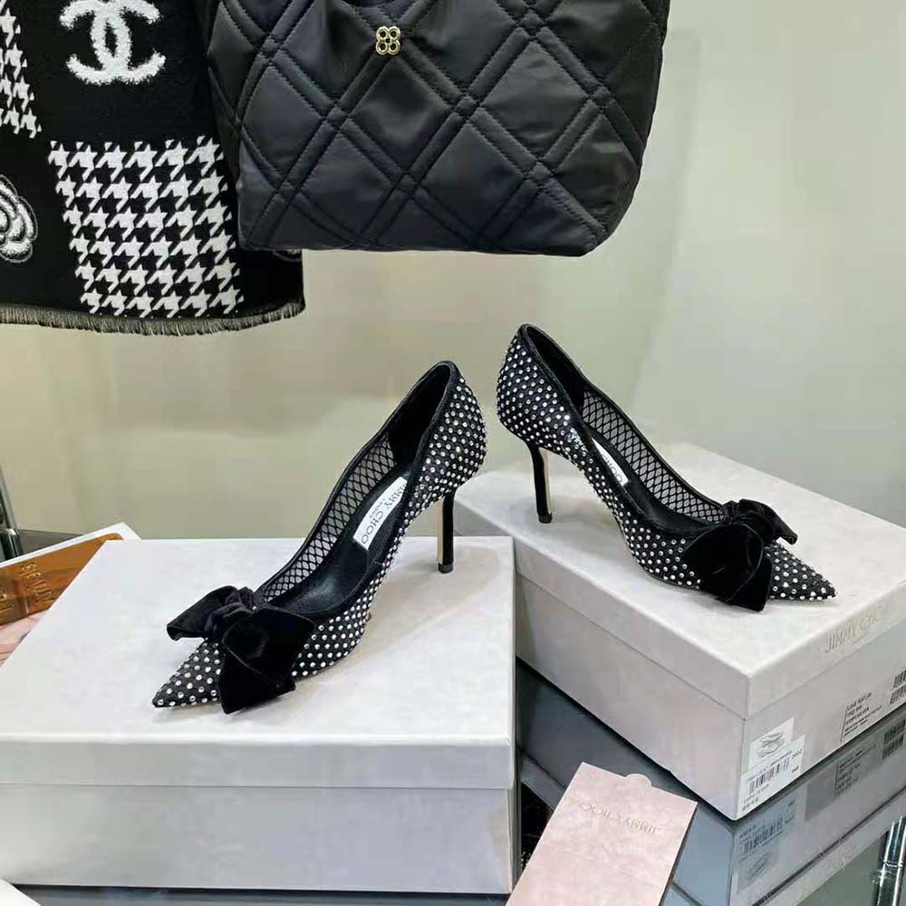 Top-down angle showcasing mesh texture and elegant silhouette of Jimmy Choo pumps
