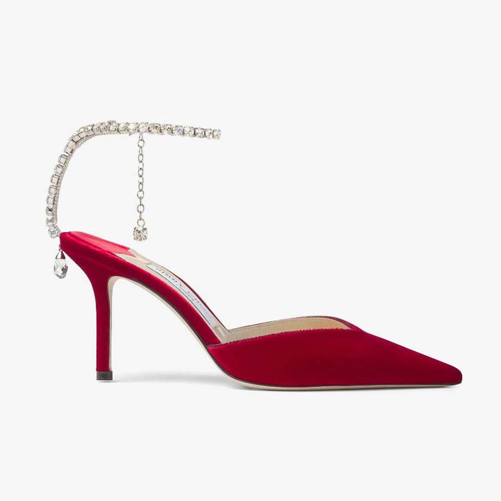 Side view of Jimmy Choo Women Saeda 85 Red Velvet Pumps with crystal detail