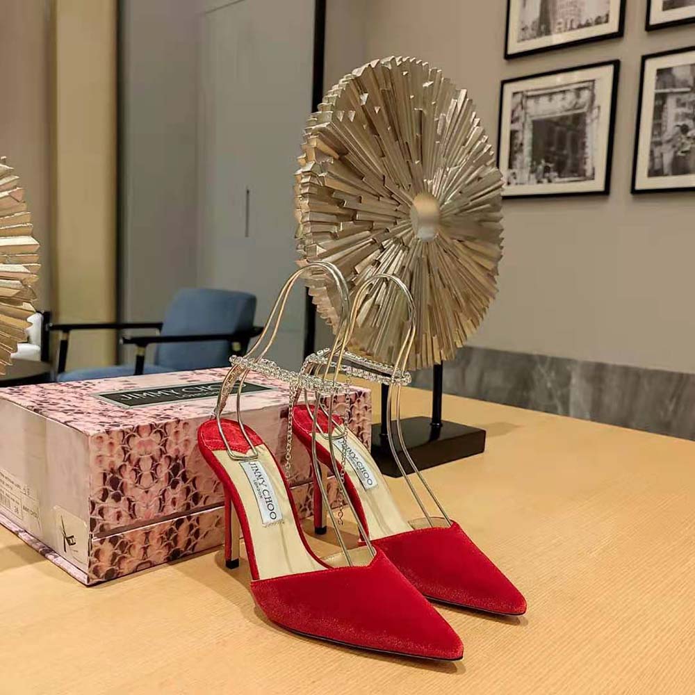 Top view showcasing pointed toe of Jimmy Choo Women Saeda 85 red velvet pumps