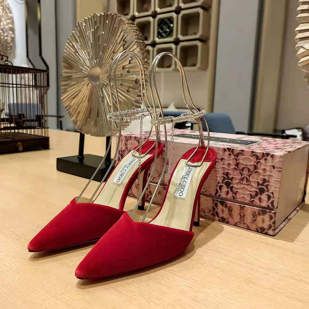 Jimmy Choo Women Saeda 85 Red Velvet Pumps with Crystal Embellishment - image 4