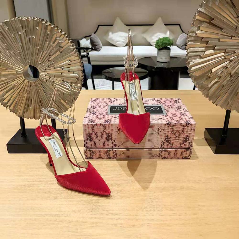 Jimmy Choo Women Saeda 85 Red Velvet Pumps with Crystal Embellishment - image 5