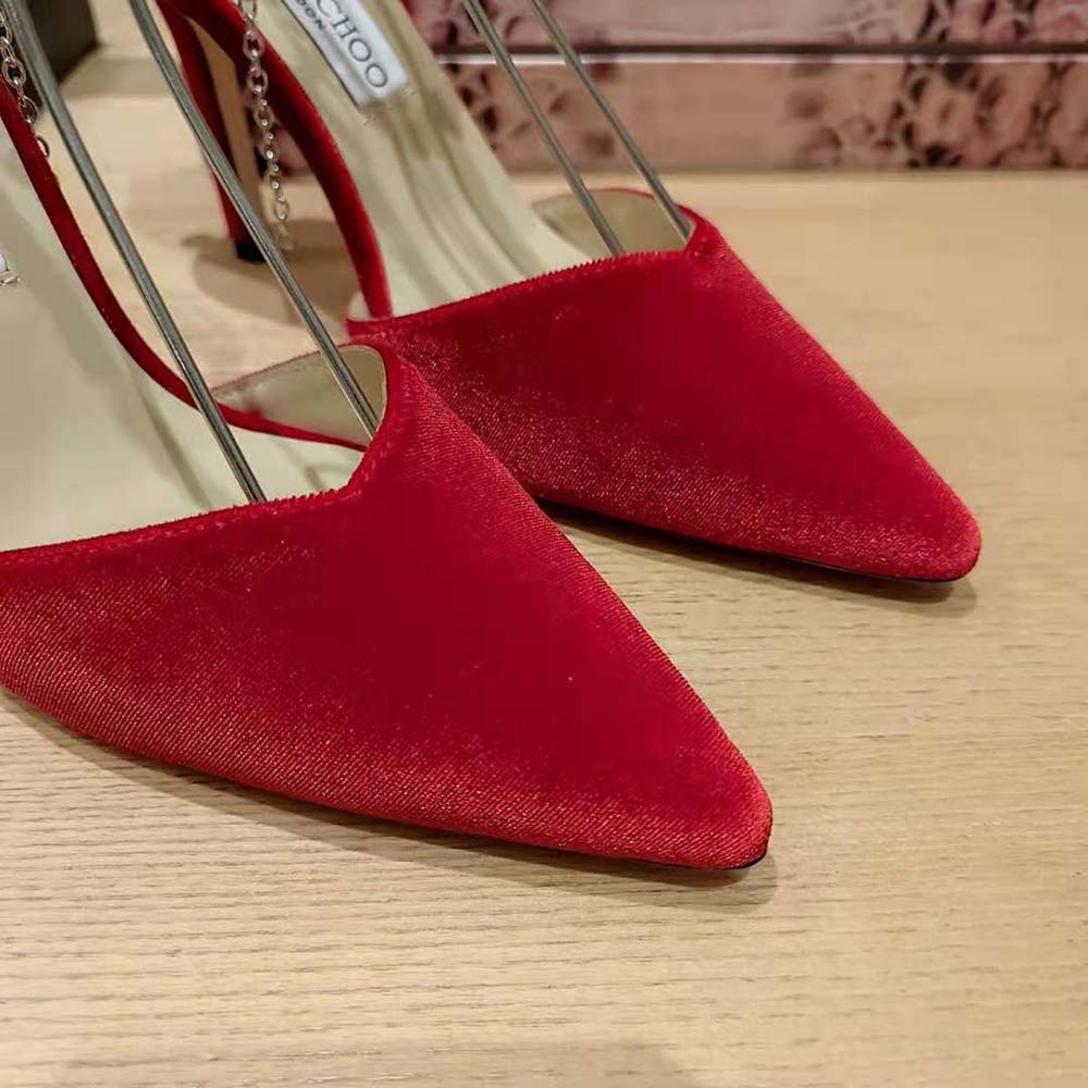 Jimmy Choo Women Saeda 85 Red Velvet Pumps with Crystal Embellishment - image 9