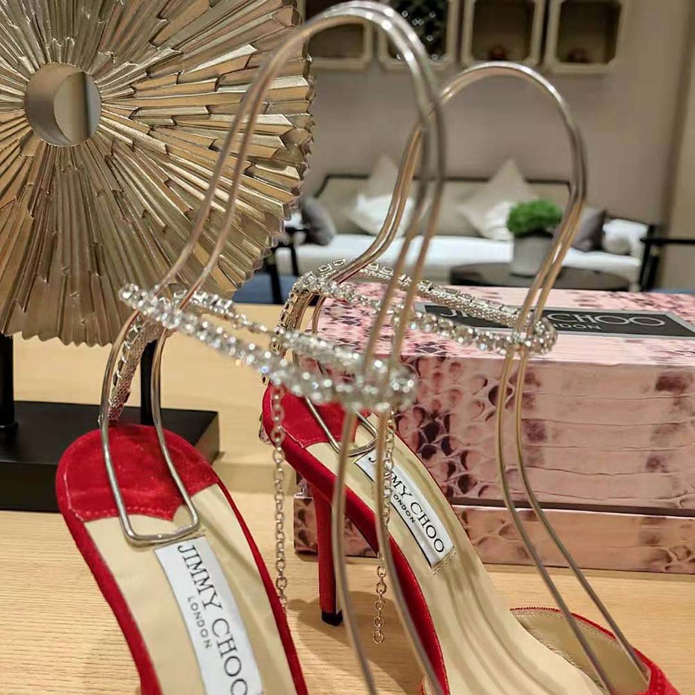 Jimmy Choo Women Saeda 85 Red Velvet Pumps with Crystal Embellishment - image 8