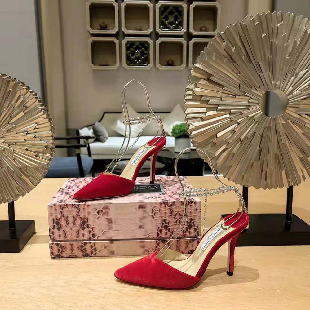 Jimmy Choo Women Saeda 85 Red Velvet Pumps with Crystal Embellishment - image 6