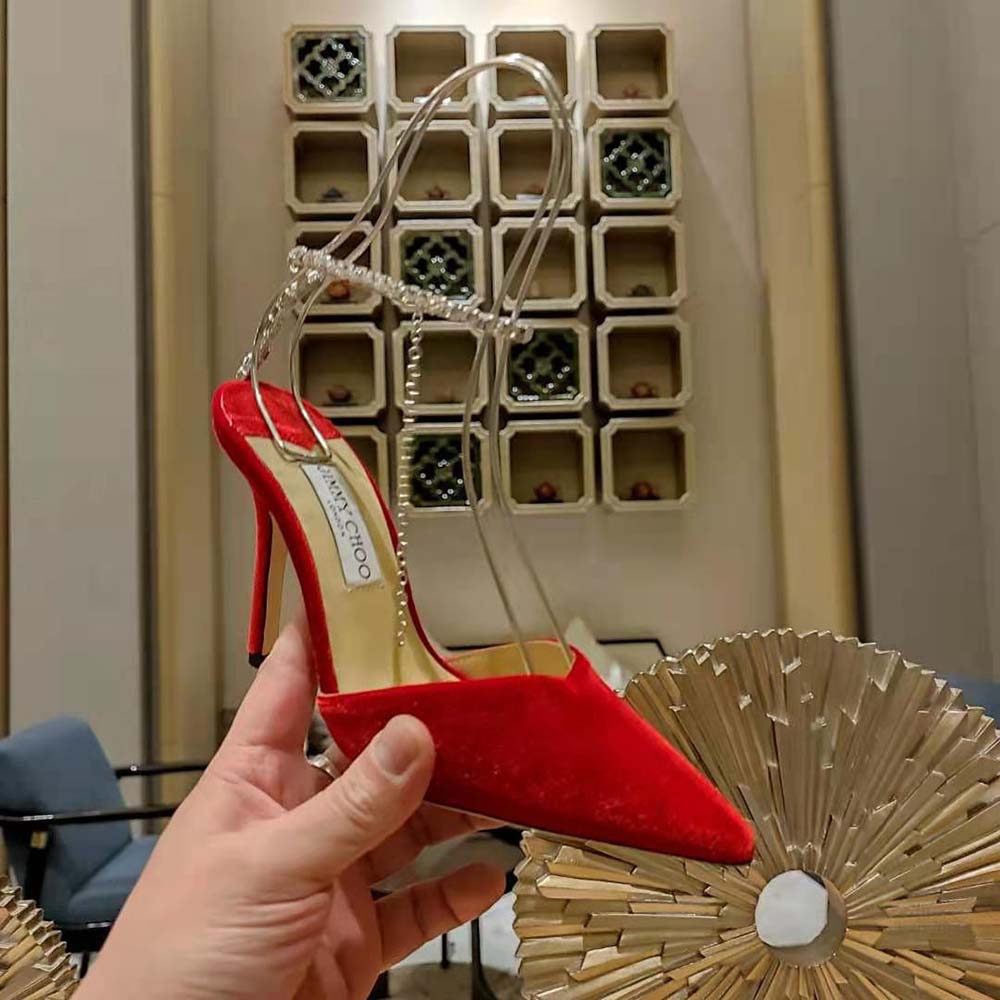 Jimmy Choo Women Saeda 85 Red Velvet Pumps with Crystal Embellishment - image 7