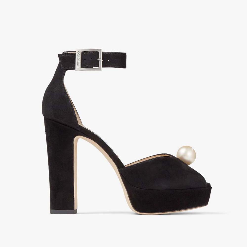 Side view of Jimmy Choo Women Socorie 120 Black Suede Platform Sandals