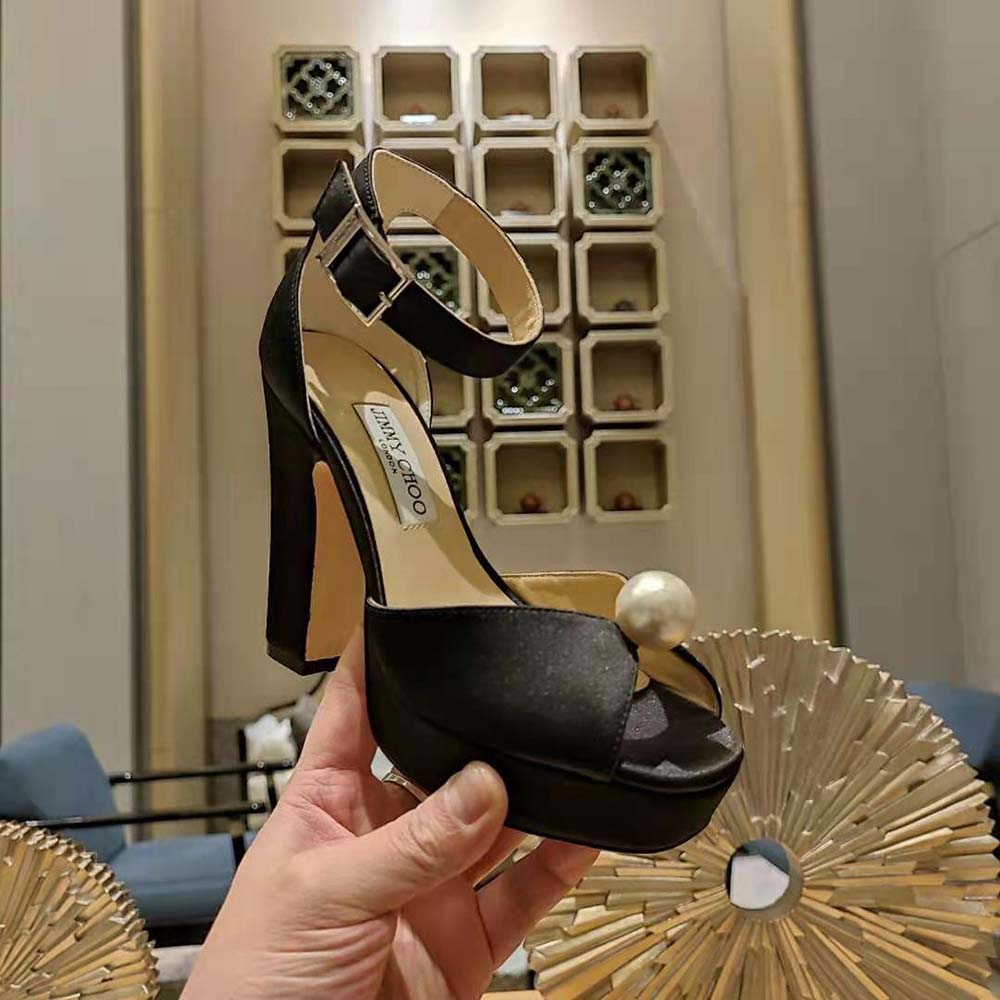 Jimmy Choo Women Socorie 120 Black Suede Platform Sandals with Pearl Detailing - image 7