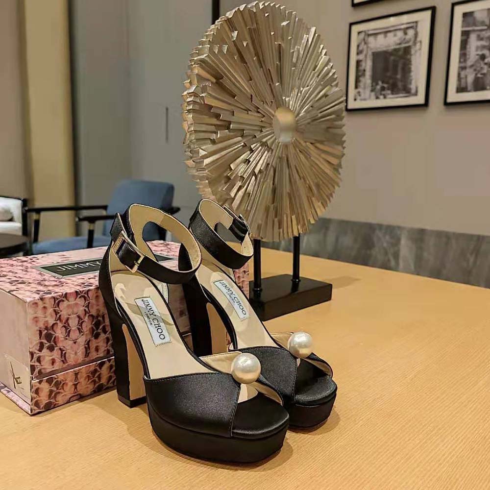 Rear angle showing adjustable ankle buckle of Jimmy Choo Socorie 120 sandals