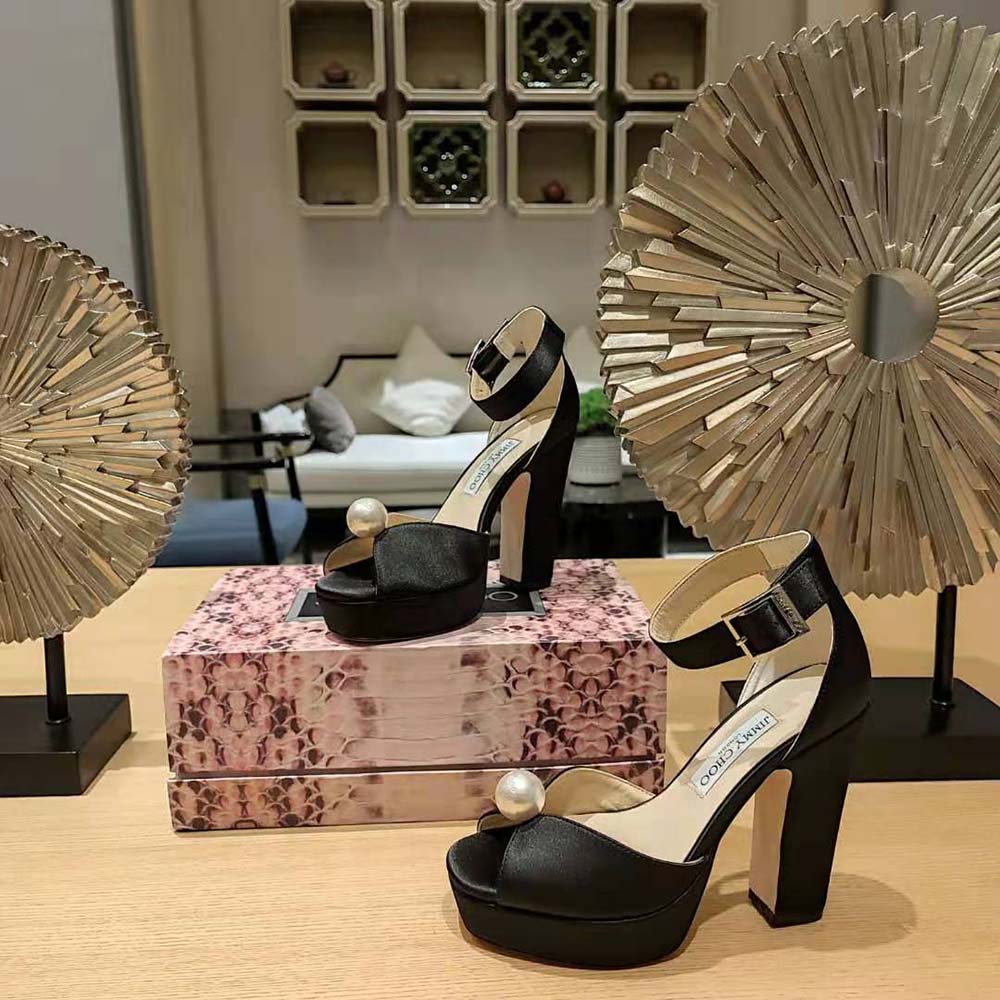 Jimmy Choo Women Socorie 120 Black Suede Platform Sandals with Pearl Detailing - image 6