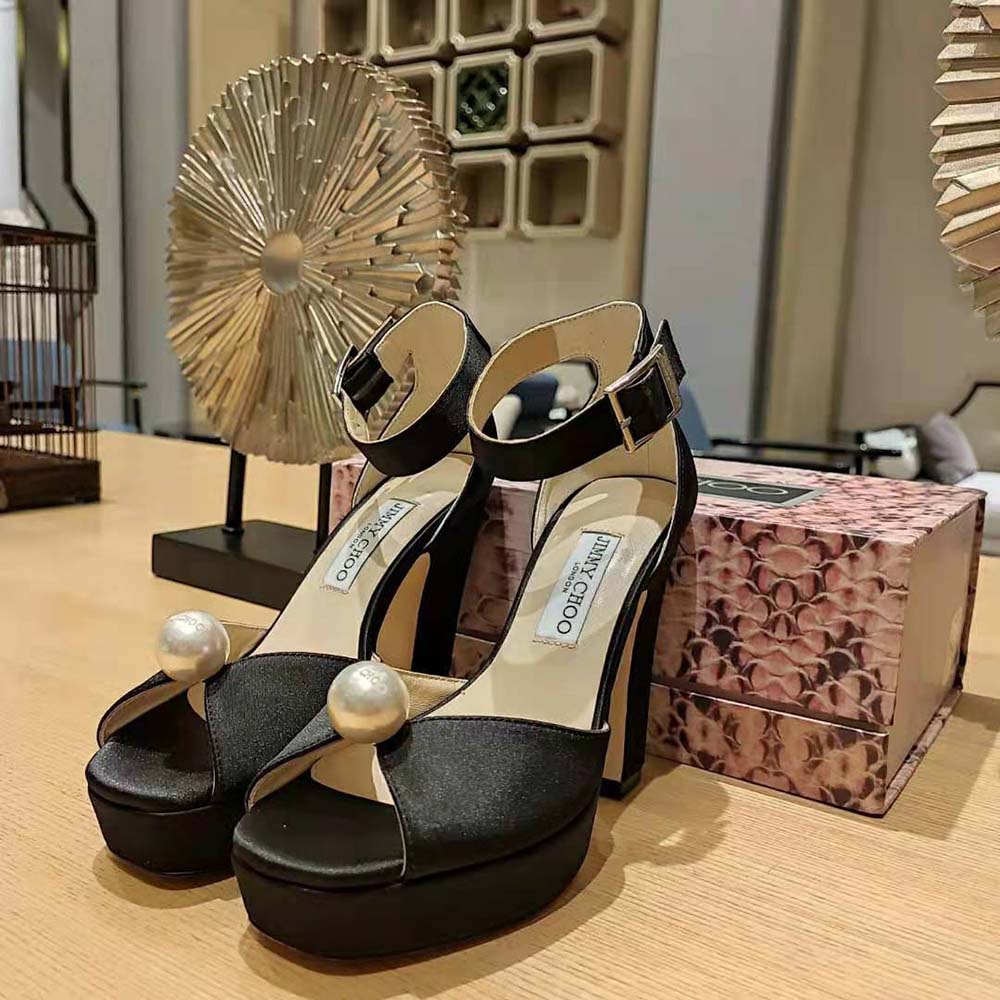 Jimmy Choo Women Socorie 120 Black Suede Platform Sandals with Pearl Detailing - image 4