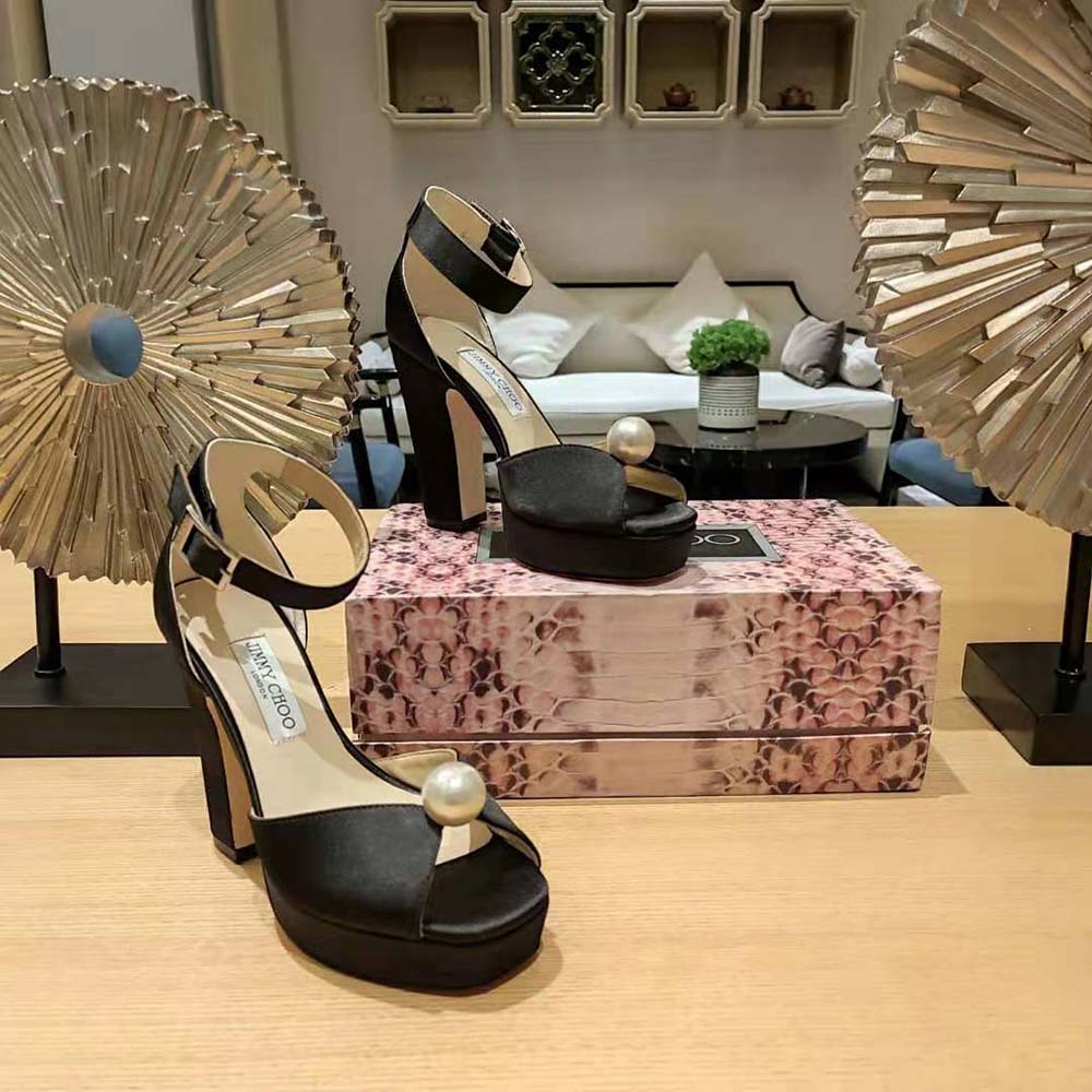Jimmy Choo Women Socorie 120 Black Suede Platform Sandals with Pearl Detailing - image 5