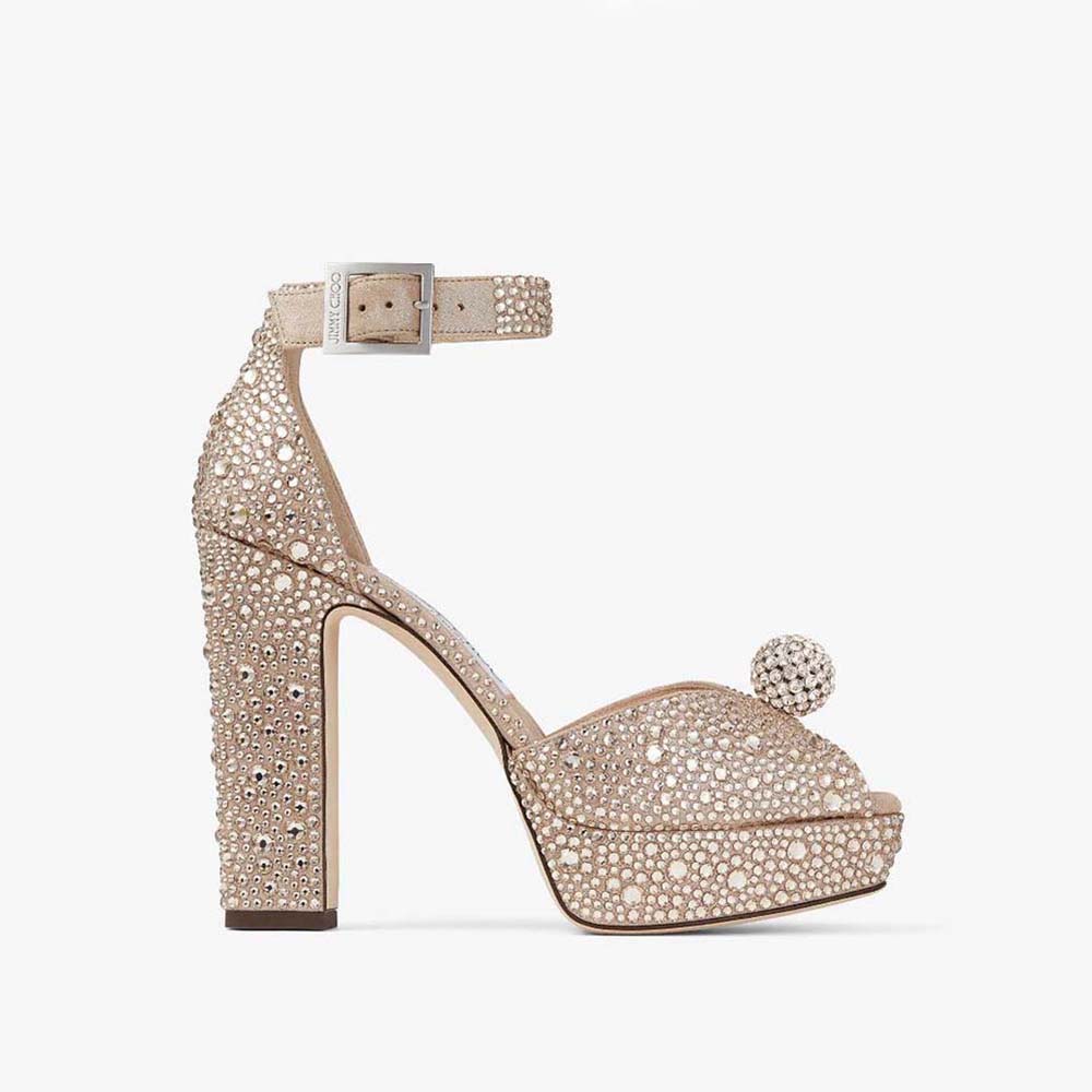 Side view of Jimmy Choo Women Socorie 120 Honey Gold Suede Platform Sandals