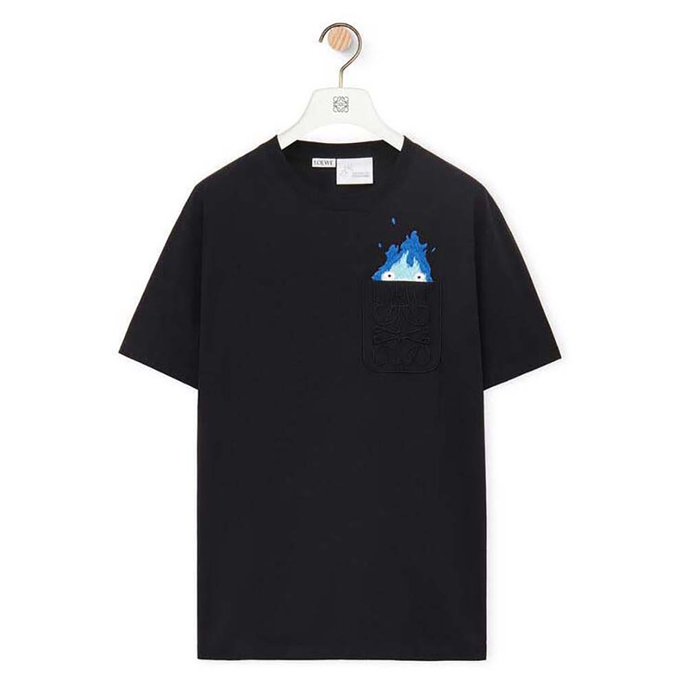 Front view of Loewe Women Calcifer Pocket T-Shirt in Black