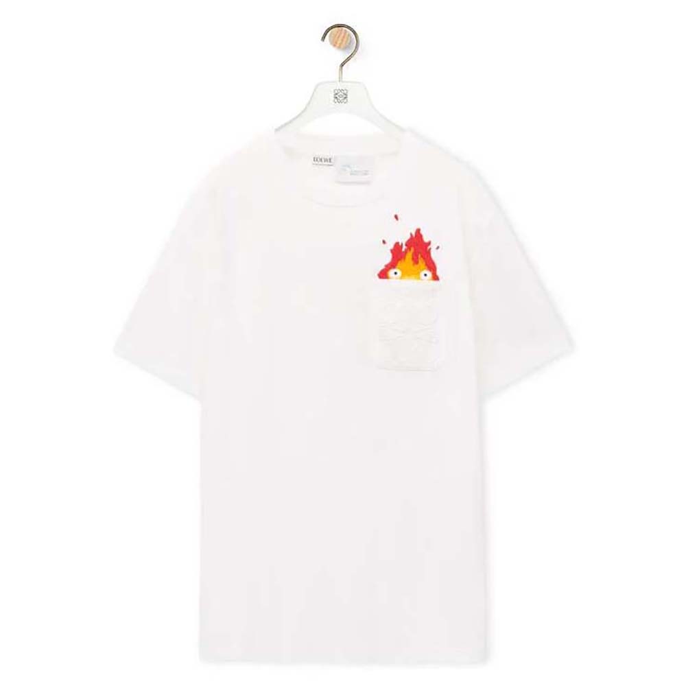 Front view of Loewe Women Calcifer Pocket T-Shirt in Cotton-White