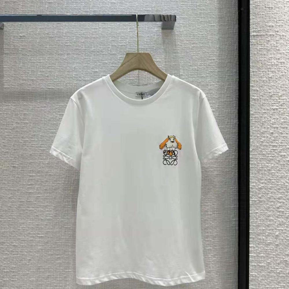 Close-up of embossed Loewe Anagram detail on Cotton-White T-shirt
