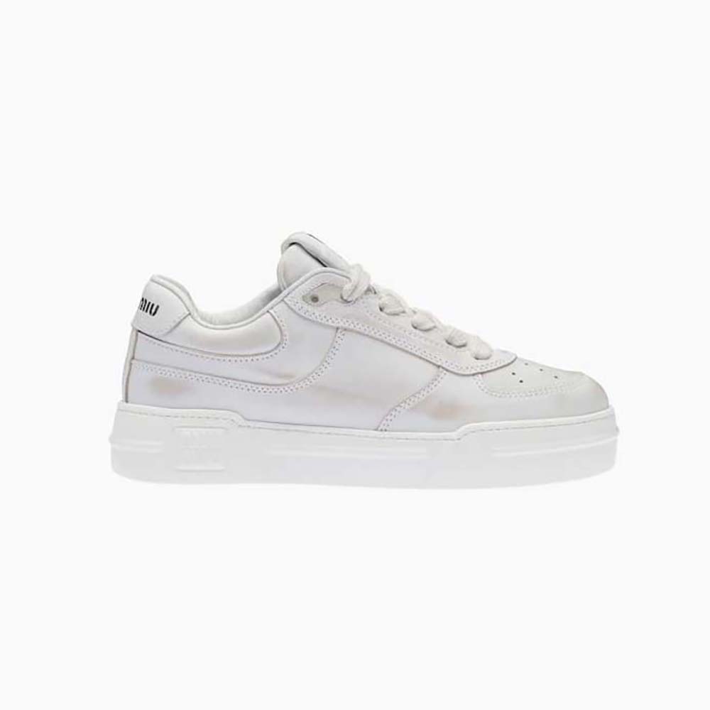 Side angle of Miu Miu Women Bleached Leather Sneakers-White showing silhouette