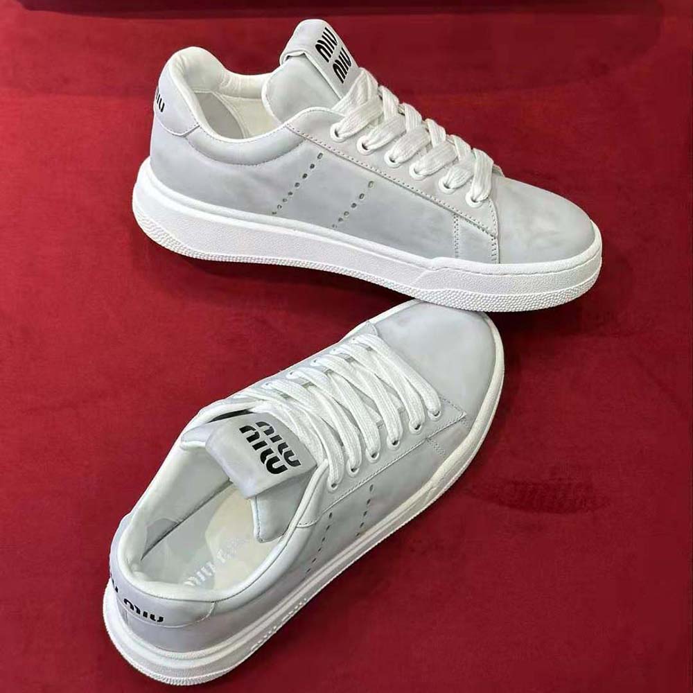 Overhead view highlighting bleached leather texture on Miu Miu Women Bleached Leather Sneakers-White