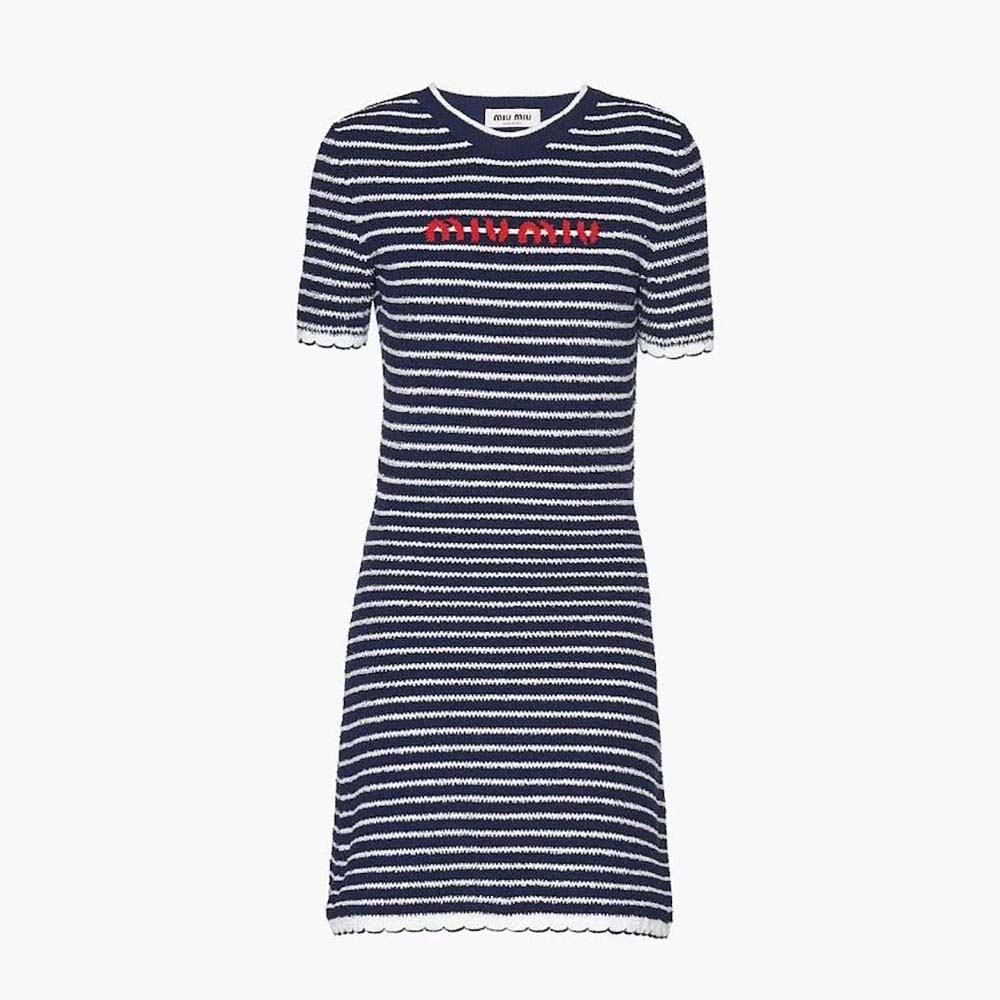 Front view of Miu Miu Women Bouclé Cotton Crew-Neck Mini-Dress in black