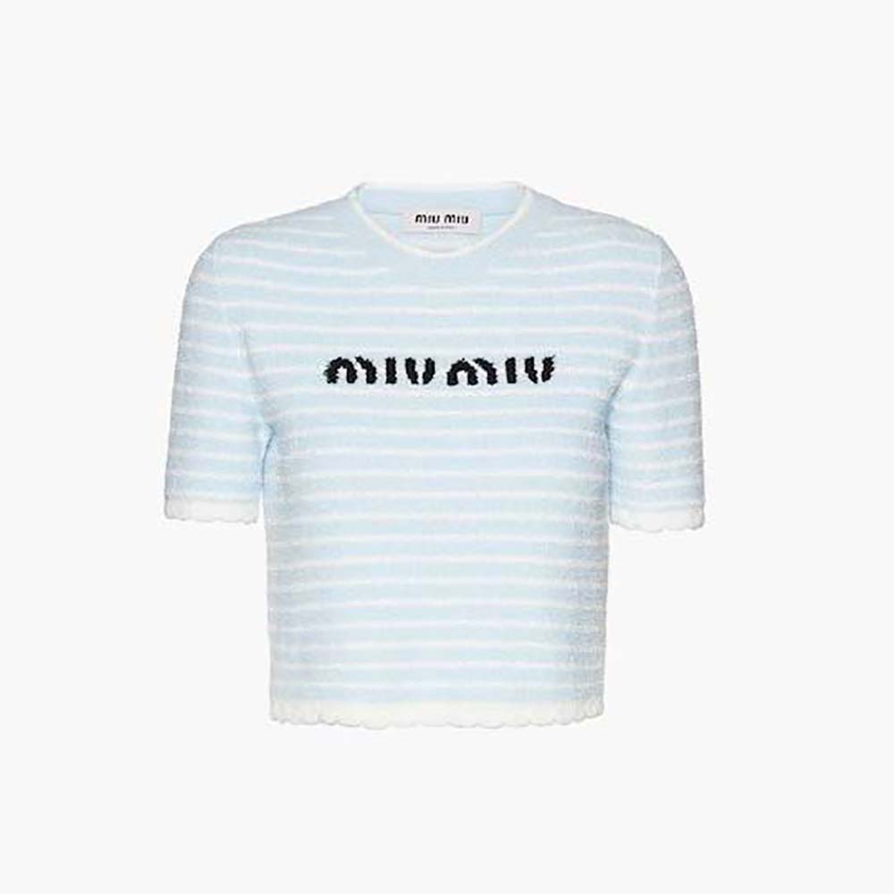 Front view of Miu Miu Women Bouclé Cotton Crew-Neck Sweater in blue