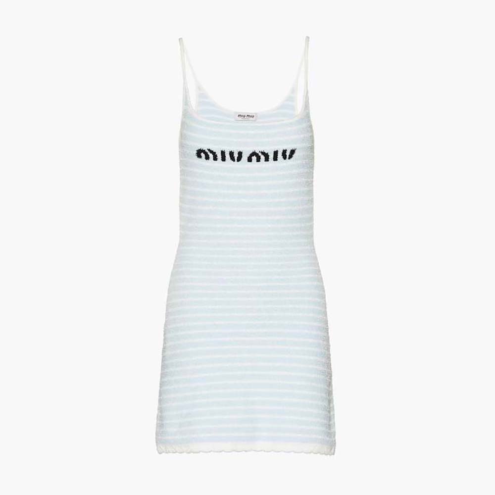 Front view of Miu Miu Women Bouclé Cotton Mini-Dress in blue