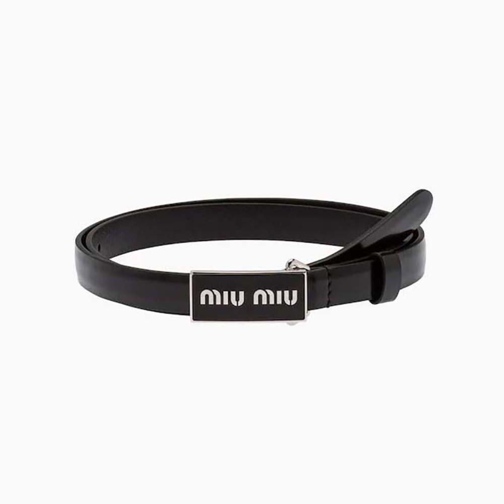 Front view of Miu Miu Women Brushed Leather Belt with Enameled Metal Buckle-Black